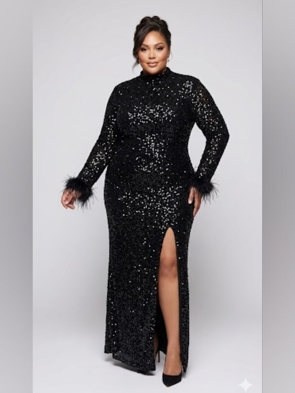 SHEIN Black Sequin Long Sleeve Feather Cuff Evening Dress